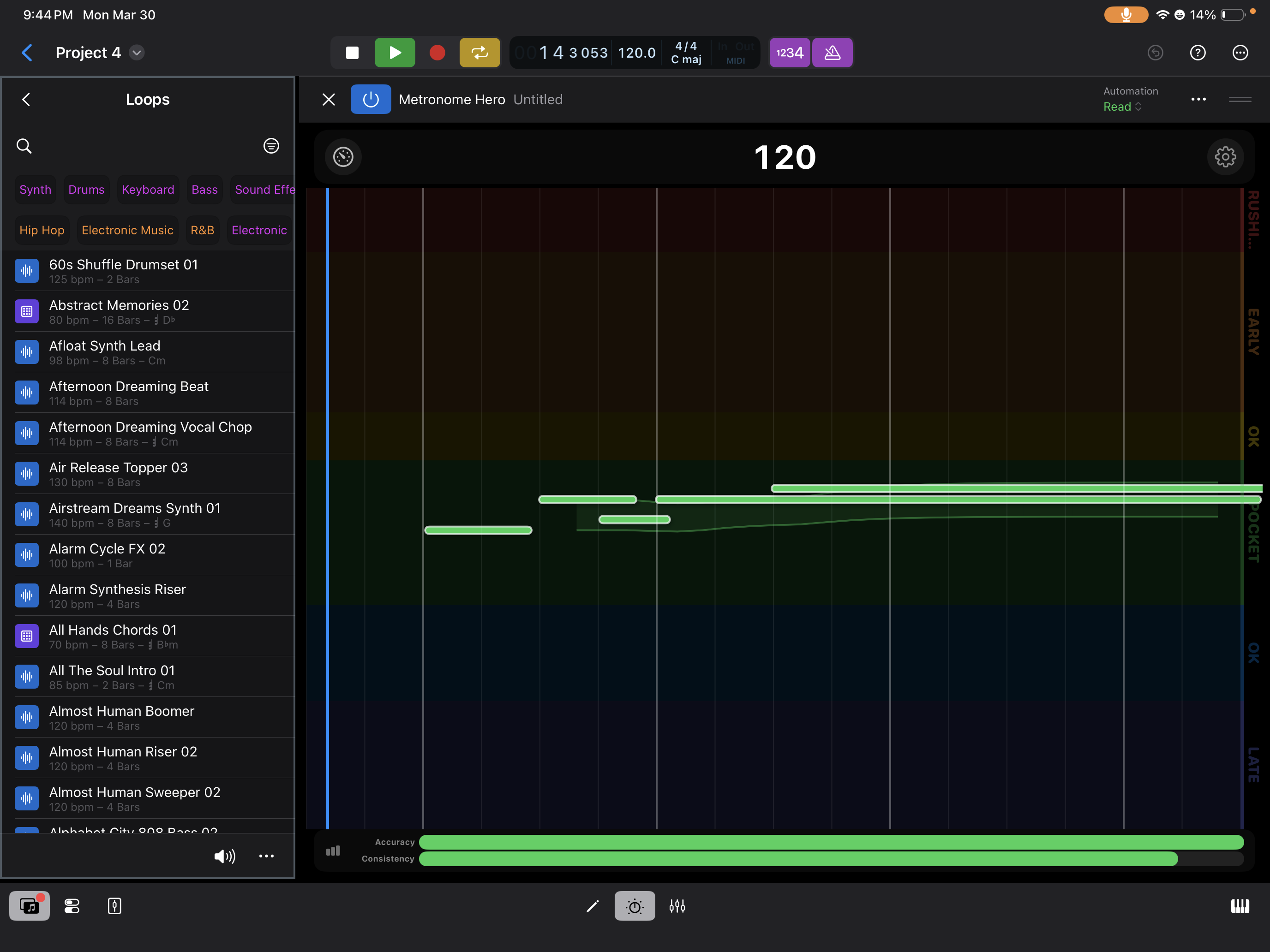 Metronome Hero AUv3 plugin running inside Logic Pro on iPad