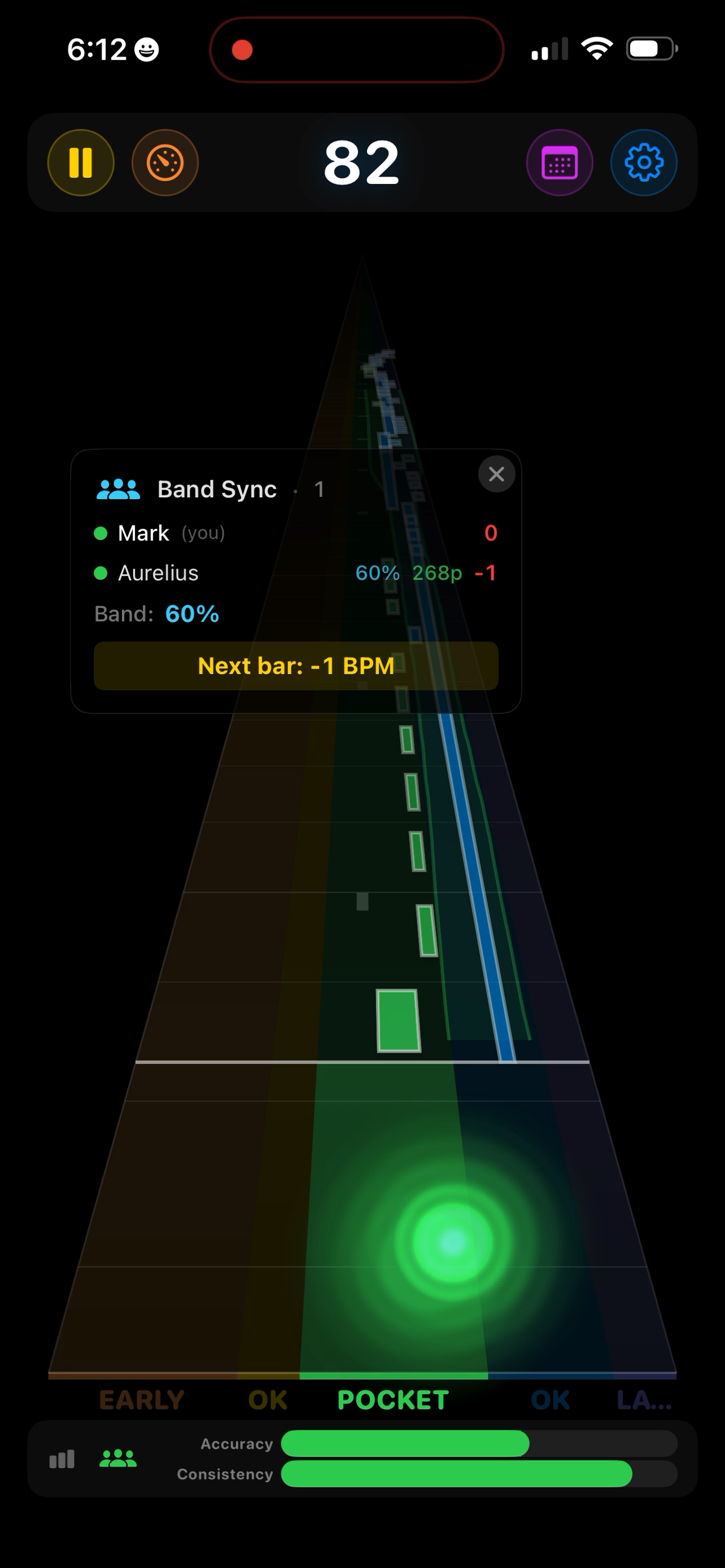 Band Sync session in progress with Note Highway visualization