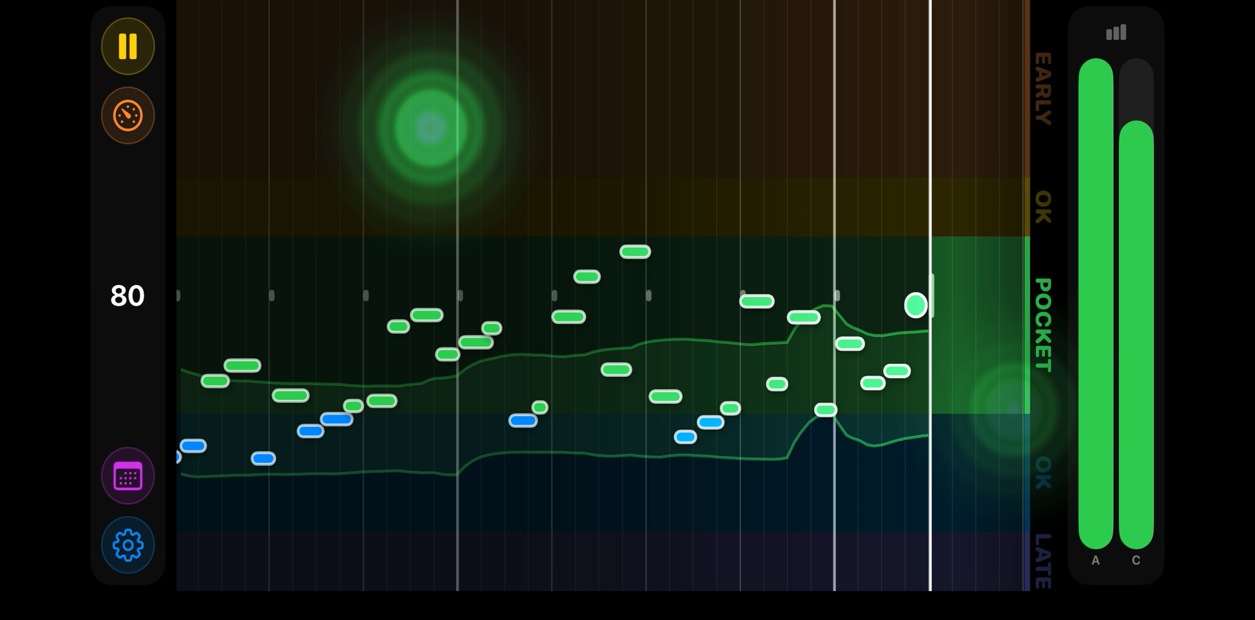 Metronome Hero on iPhone in landscape showing Scrolling History view